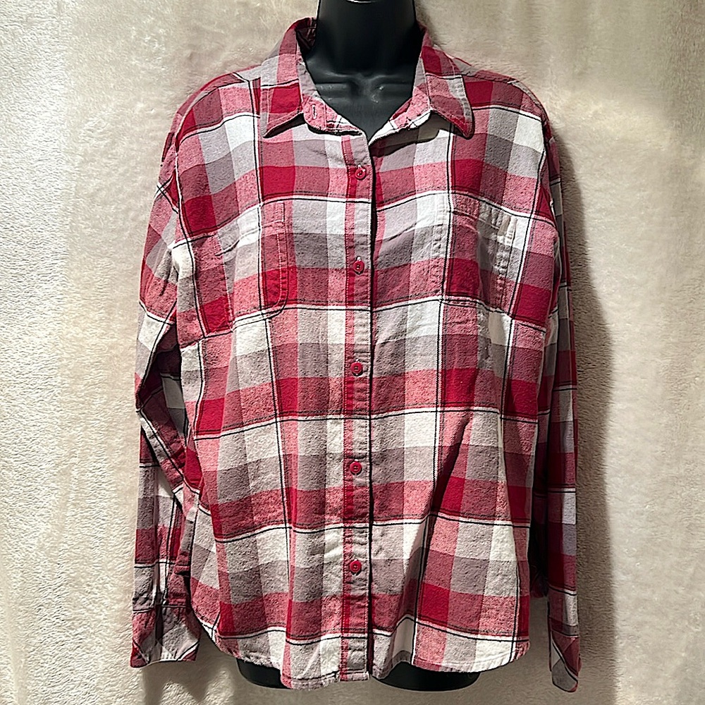 LEE RIDERS 🐴 RED GRAY BLACK COTTON FLANNEL BUTTON DOWN PLAID SHIRT Women’s XXL